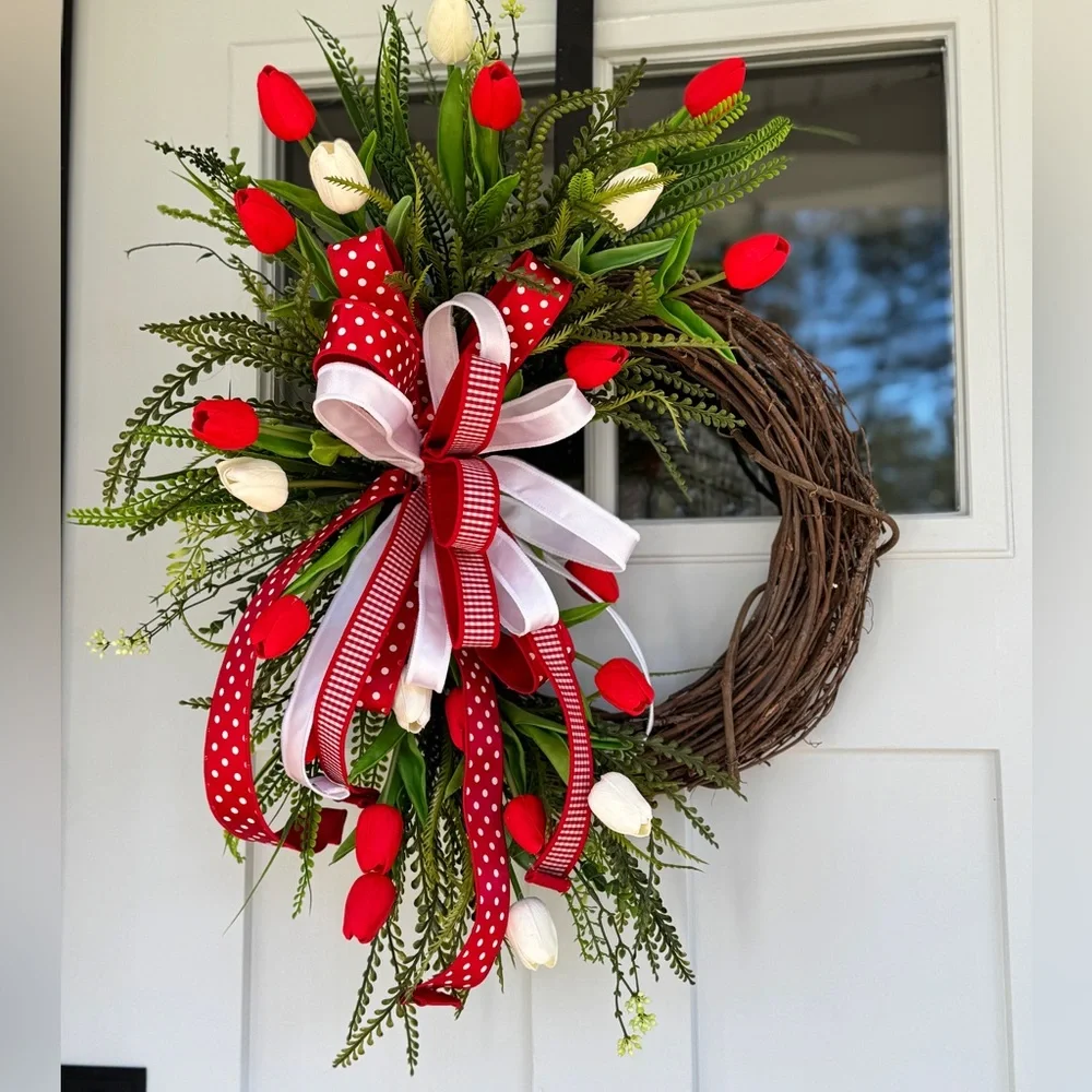 Festive Red and White Real Touch Tulip Wreath